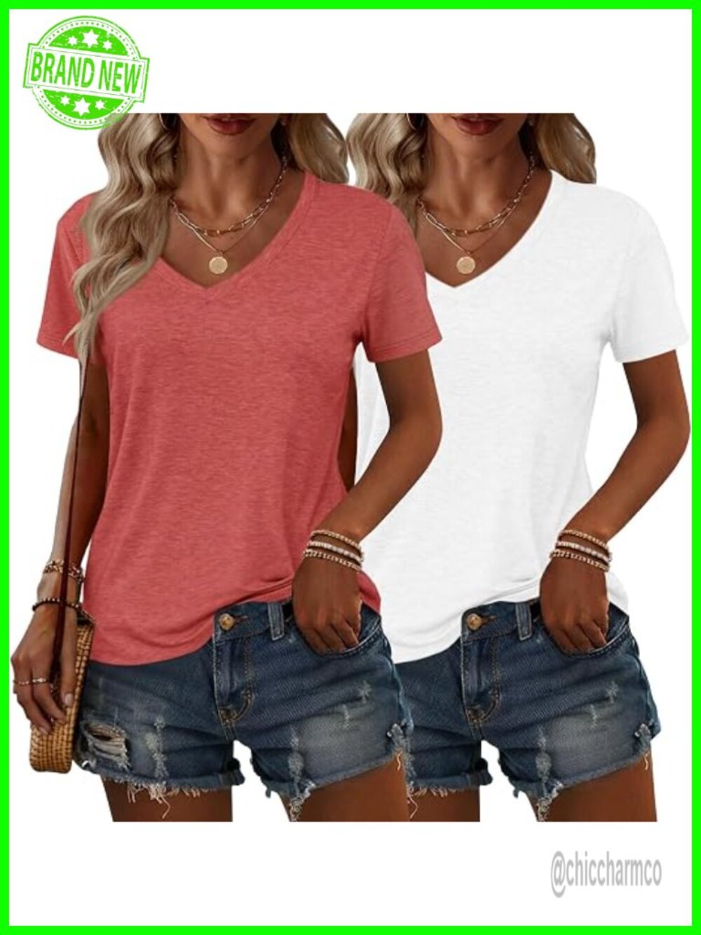 2 Pack V Neck Short Sleeve T Shirts Summer Basic Casual Tees
